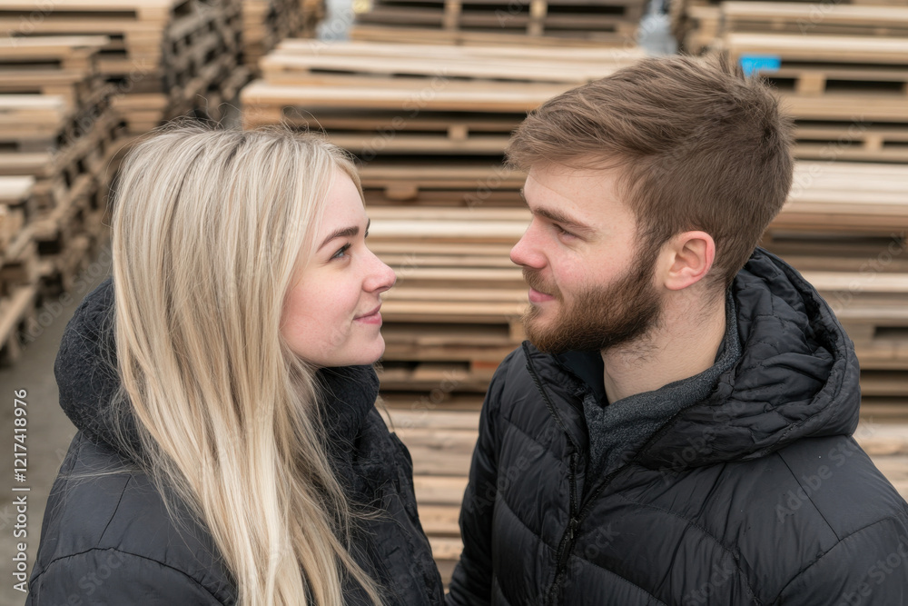 A man and a woman are standing next to each other, smiling A man and a woman are standing next to each other, smiling