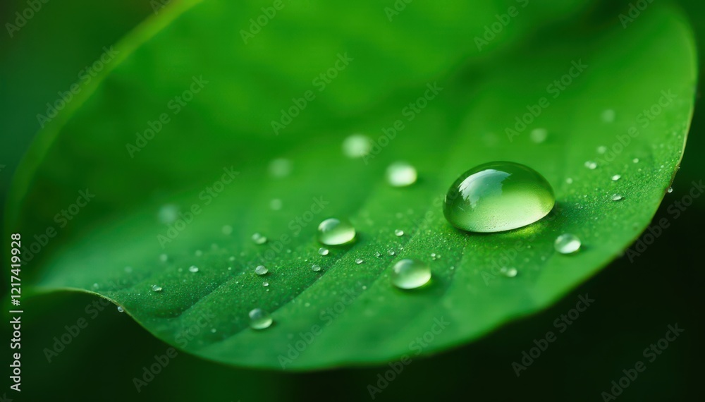 Close-up of water droplets on lush green leaf, liquid, pure, close-up Close-up of water droplets on lush green leaf, liquid, pure, close-up