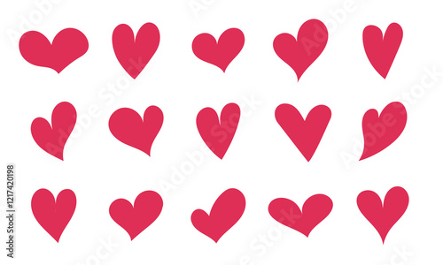 Collection of drawn red hearts of different shapes. Vector illustration.