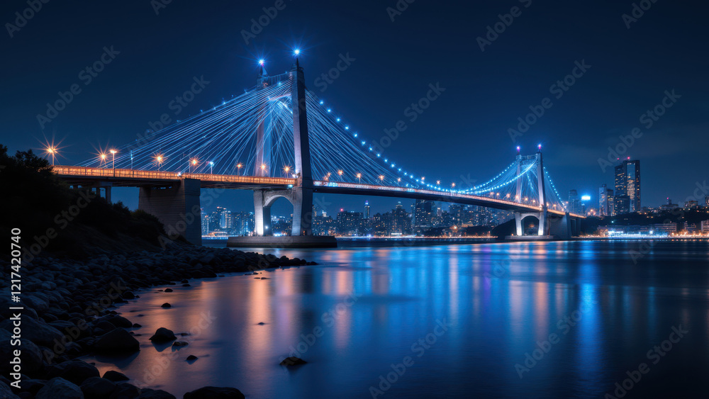 A captivating night view of a bridge illuminated by blue lights with reflections dancing across the calm water. A captivating night view of a bridge illuminated by blue lights with reflections dancing across the calm water.