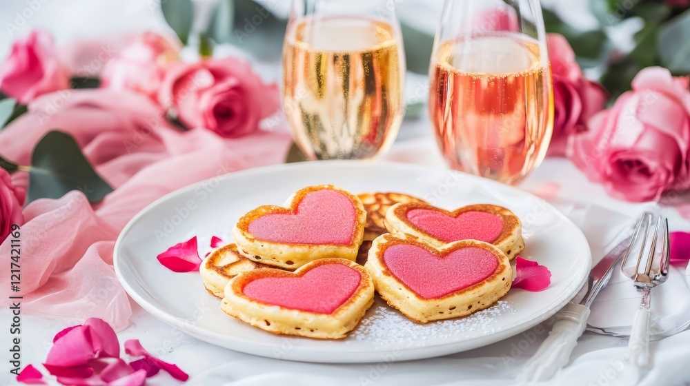 Romantic Valentine's Day brunch setup with heart-shaped pancakes and champagne Romantic Valentine's Day brunch setup with heart-shaped pancakes and champagne
