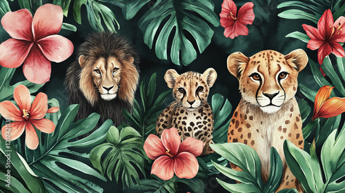 tropical watercolor art featuring lion and cheetah family with jungle and floral theme photo