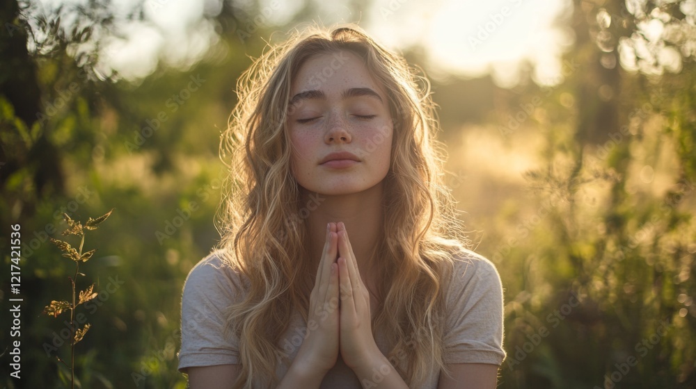 Naklejka premium Peaceful Girl in Nature, Finding Inner Peace
