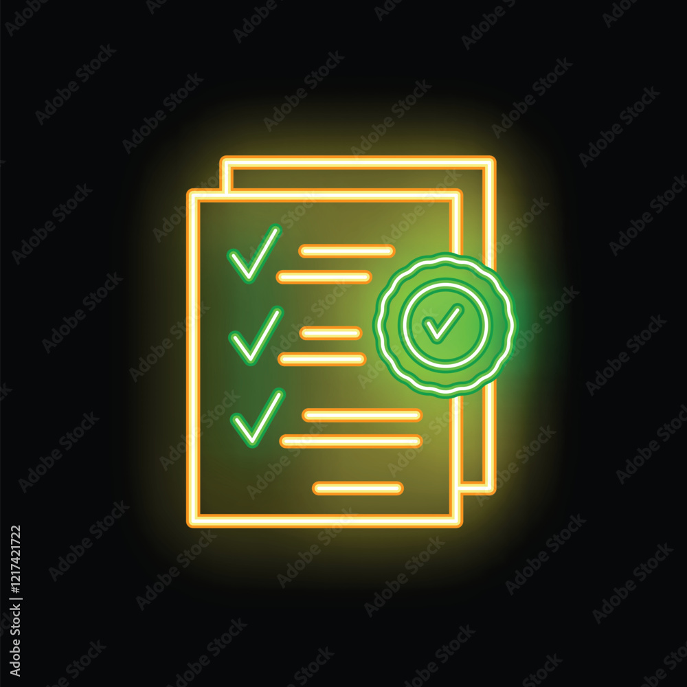Φωτογραφία Neon sign glowing checklist with approved green check mark icon illustration on