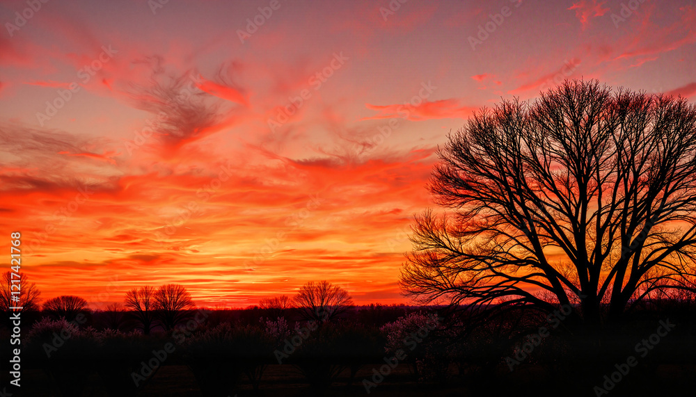 Naklejka premium Silhouette of blossoming tree against vivid sunset, spring beauty
