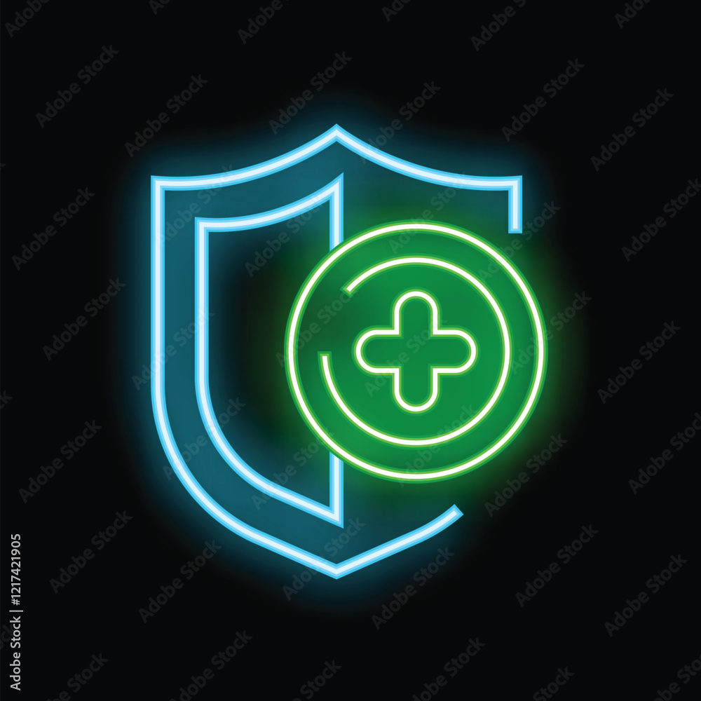 Fototapeta premium Glowing neon shield with a medical cross inside, representing health protection and safety
