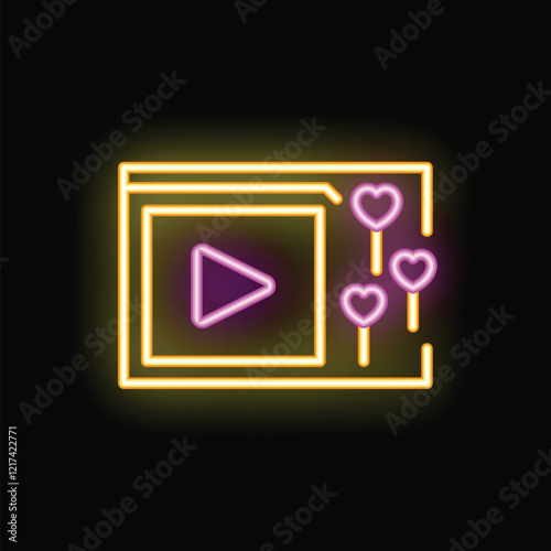 Neon glowing symbol of a video player gaining likes on a social media platform