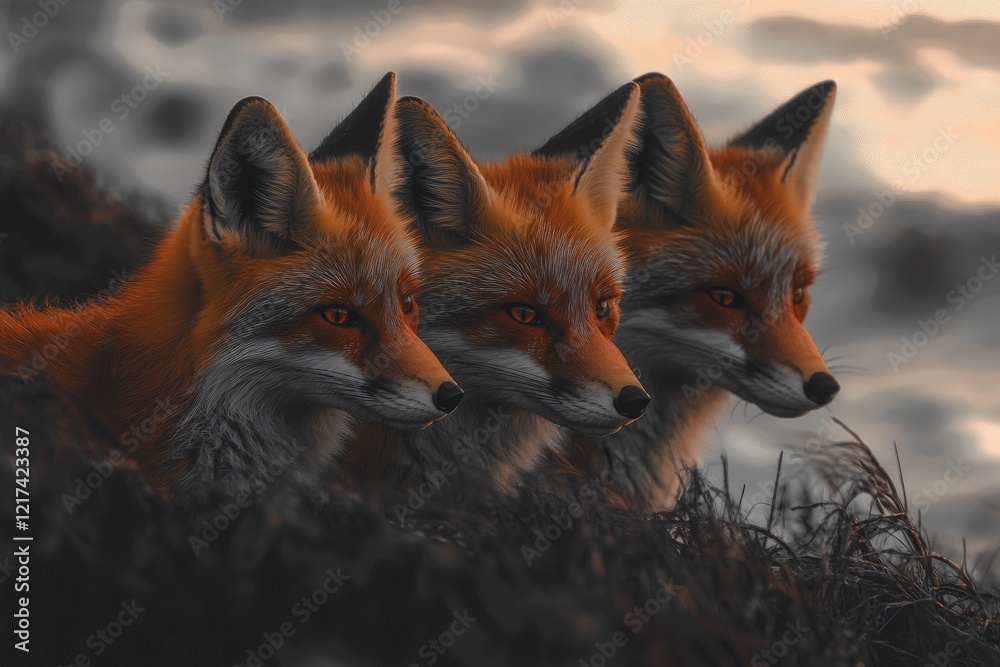 Fototapeta premium Three red foxes huddle together, their fur glowing in the sunset's warm embrace.