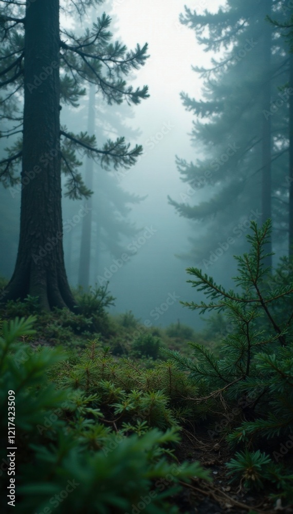 Obraz premium Fir tree foliage glistens in misty atmosphere, mist, forest, fog