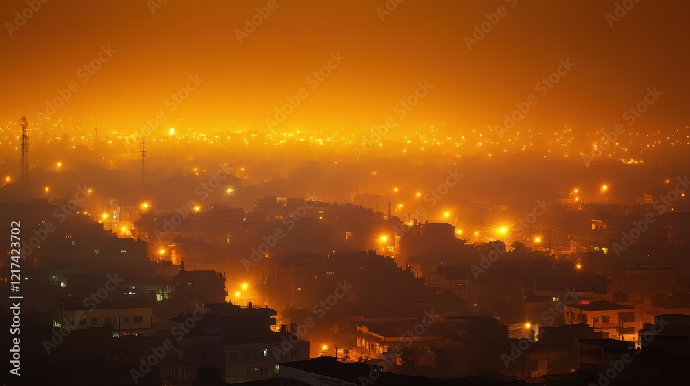 Fototapeta premium Evening city skyline veiled in heavy smog, golden light piercing through the haze, highlighting air pollutions impact.
