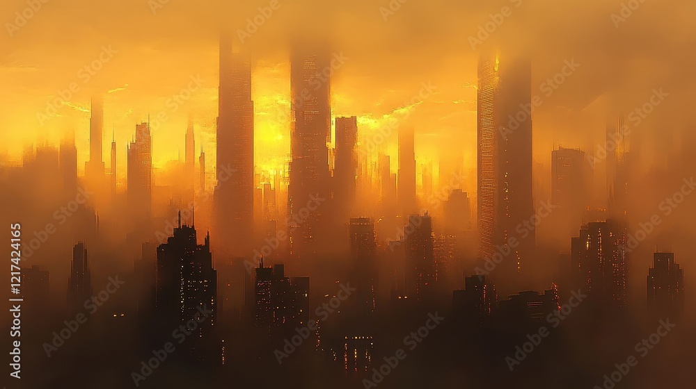 Evening city skyline veiled in heavy smog, golden light piercing through the haze, highlighting air pollutions impact. Evening city skyline veiled in heavy smog, golden light piercing through the haze, highlighting air pollutions impact.