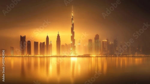 Evening city skyline veiled in heavy smog, golden light piercing through the haze, highlighting air pollutions impact.