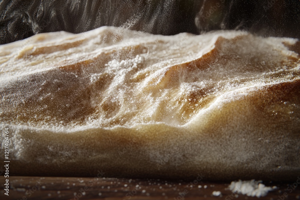 Obraz premium Close-up of freshly baked bread, steaming and dusted with flour, showcasing its golden-brown crust and texture.