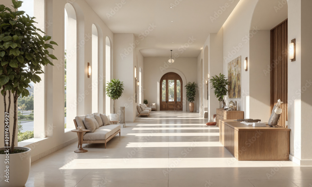 Fototapeta premium Minimalist Waiting Room with Neutral Tones A clean, neutral-toned waiting room with a minimalist wooden desk and plush seating. Soft overhead ambient lighting