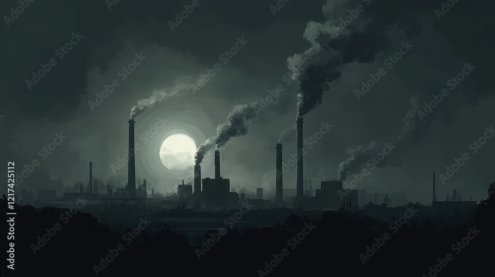 Factory chimneys emitting dense smoke into the atmosphere, creating a thick layer of smog, dark industrial landscape.. Factory chimneys emitting dense smoke into the atmosphere, creating a thick layer of smog, dark industrial landscape..