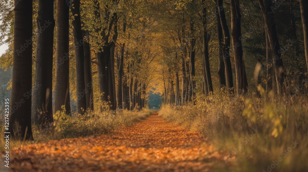Obraz premium A serene autumn pathway flanked by tall trees, with a carpet of fallen leaves creating a warm and inviting atmosphere.