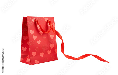 Elegant Red Gift Bag with Heart Pattern & Matching Ribbon on White Background photo