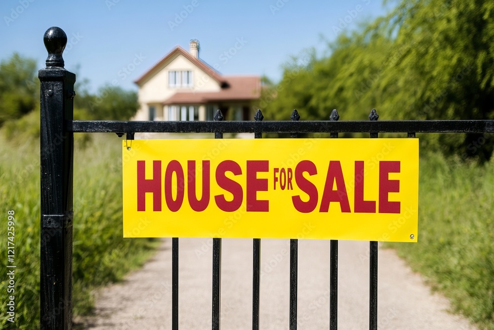 Fototapeta premium House for sale, A bright yellow 'House For Sale' sign stands prominently on a black gate, leading to a charming house surrounded by greenery on a sunny day. real estate, available for selling