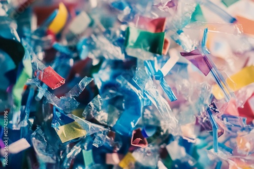 Colorful plastic scraps scattered across a textured surface in a creative environment showcasing recycling potential. Generative AI