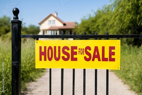 House for sale, A bright yellow 'House For Sale' sign stands prominently on a black gate, leading to a charming house surrounded by greenery on a sunny day. real estate, available for selling