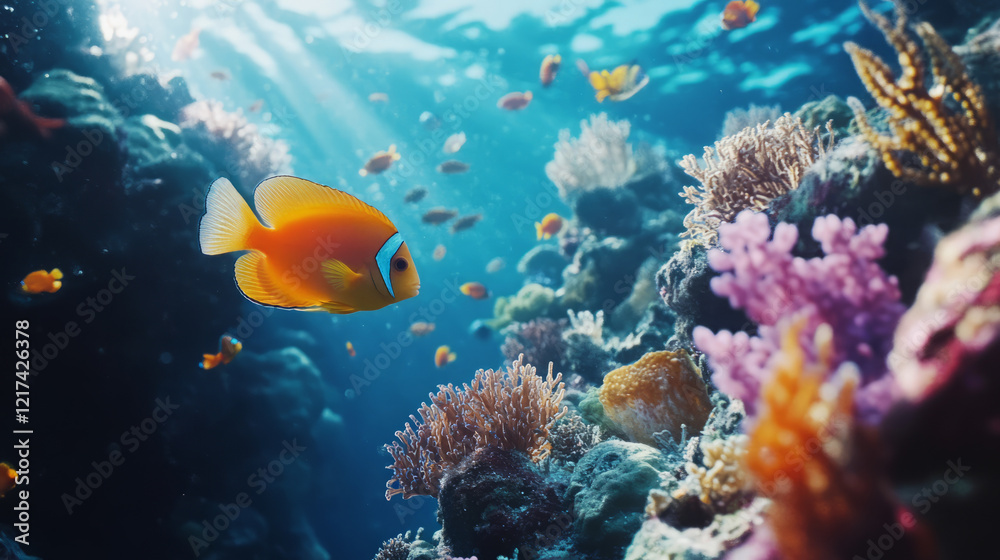 Naklejka premium vibrant orange clownfish and tropical fish thriving in a sunlit coral reef ecosystem featuring diverse marine life and reef fish photography