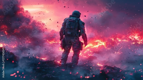 Futuristic Astronaut Amid Fiery Landscape with Volcanic Eruption in Ethereal Cosmic Setting at Dusk
