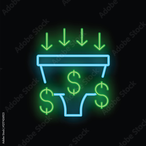 Glowing neon sales funnel attracting money with arrows representing increasing profit through marketing and lead conversion