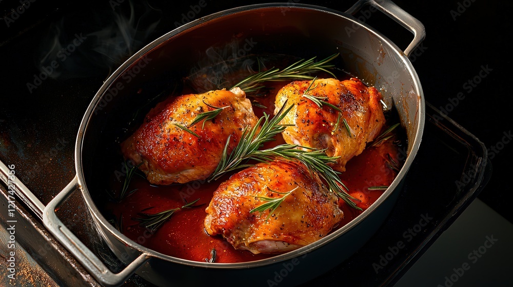 Fototapeta premium Rosemary sprigs placed over a sizzling roast chicken in a baking dish.