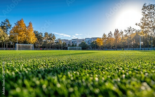 Autumn's Embrace: A Soccer Field bathed in golden sunlight, trees ablaze with fall colors. Peaceful, serene. photo