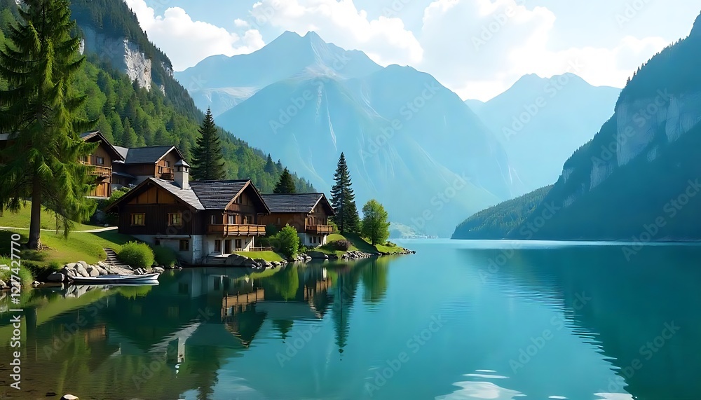 Naklejka premium Scenic Mountain Lake Landscape with Chalets and Reflections under a Clear Sky