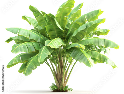 Lush banana palm tree with vibrant green foliage isolated against a white background, showcasing the beauty of tropical plants and natural elegance.