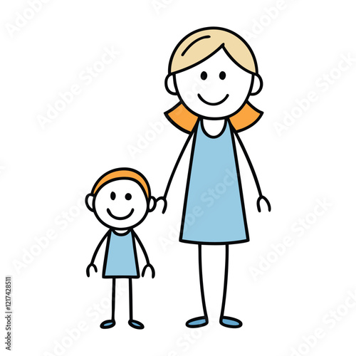 A simple stick figure drawing of a mother holding hands with her child, showcasing love and connection. The mother has a skirt, and the child is smaller with a big smile.