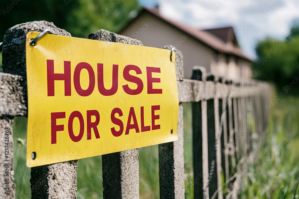 Fototapeta premium House for sale, A bright yellow 'House for Sale' sign on a weathered fence, signaling potential buyers in a suburban area with a residential home in the background. real estate, available for selling
