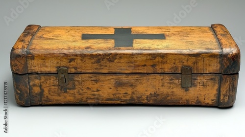 Antique Wooden Medical Chest With Cross Markings photo