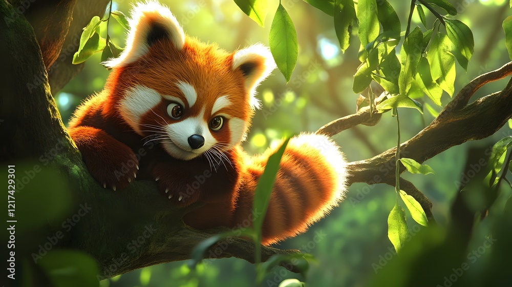 Fototapeta premium Adorable 3D Red Panda Perched on Tree Branch Surrounded by Vibrant Green Foliage