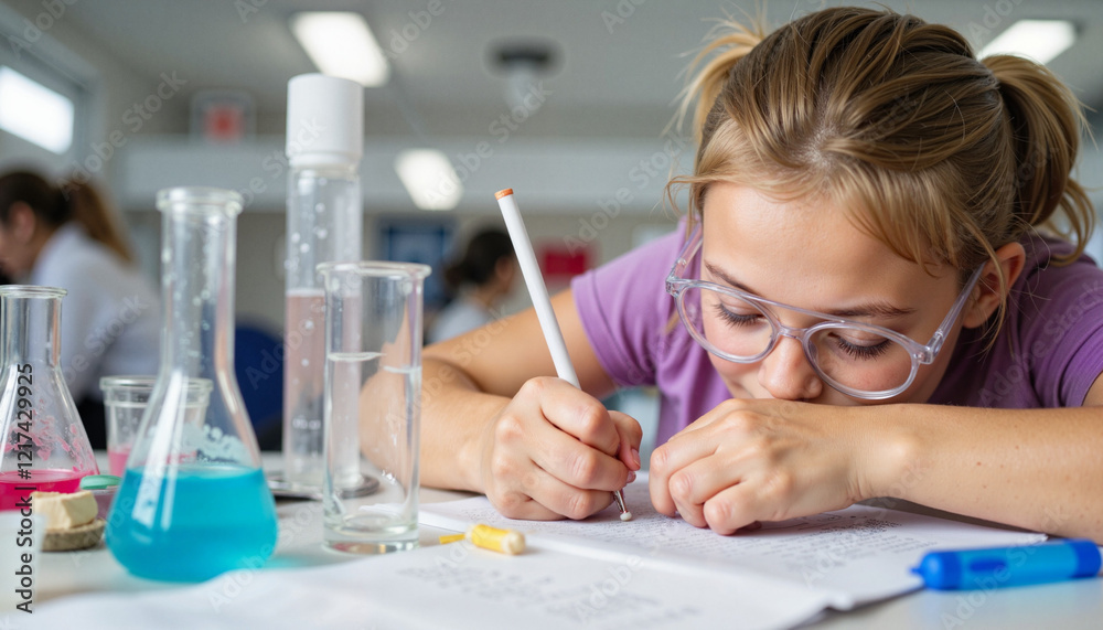 Focused student working on science experiment in lab, educational growth Focused student working on science experiment in lab, educational growth