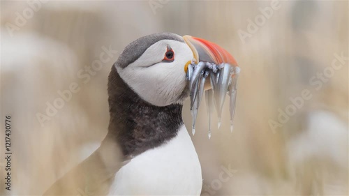 puffin with fish close-up