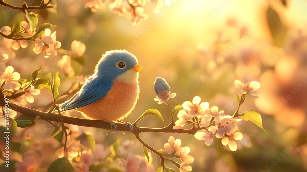 Fototapeta premium Cheerful Bluebird Perched on Flower-Filled Branch in Spring Sunshine