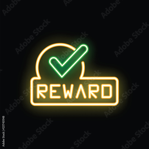 Glowing neon sign showing the word reward with a check mark above it