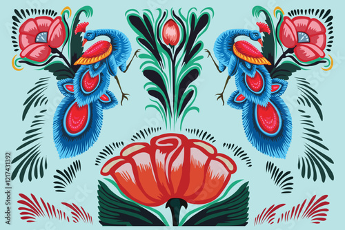 Bangladeshi rickshaw painting style vector illustration. Peacock in rickshaw painting. Rickshaw art vector illustration. Colourful floral design vector illustration. Digital painting.