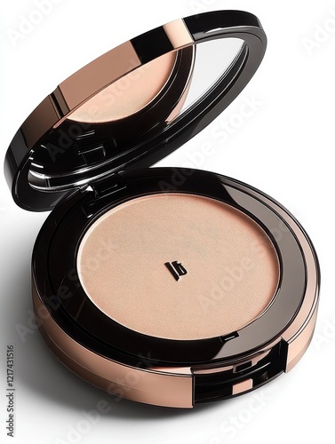 A compact powder makeup product with a sleek design and mirror.