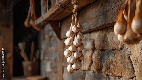 A garlic braid hanging against a rustic kitchen wall.