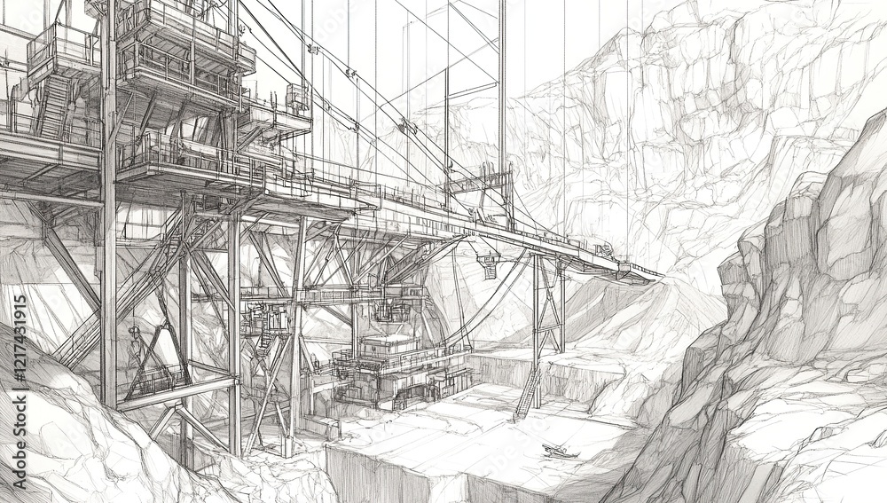 Fototapeta premium A detailed pencil sketch of an open-pit mine, showcasing the complex network