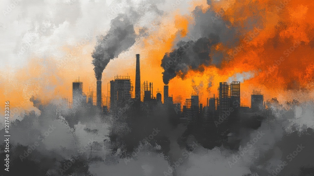 Obraz premium Layered composition of smog, city, and industrial skyline, vibrant orange and gray tones symbolizing pollution’s spread.