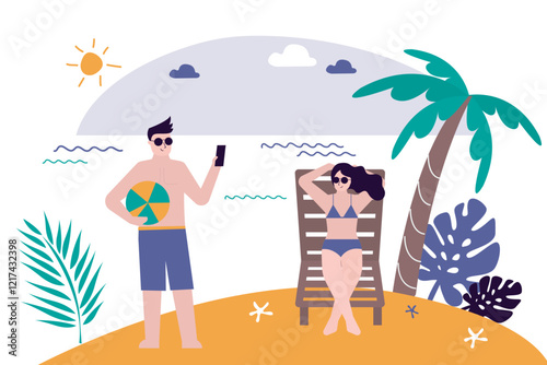 Summertime, holidays. Boyfriend takes photo of his girlfriend lying on a sun lounger. Vacation at tropical resort. Photos to remember an exotic vacation and the ocean.