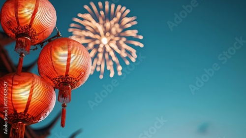 Celebratory fireworks display behind lanterns outdoor festival cultural event nighttime atmosphere captivating viewpoint joyful concepts of tradition and celebration photo