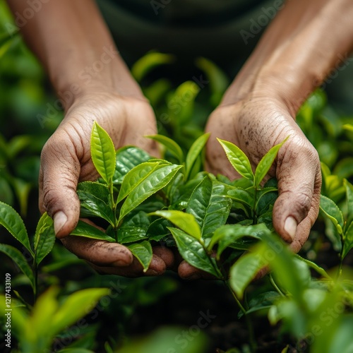 Hands skillfully picking vibrant tea leaves in lush Sri Lankan fields under soft natural lighting photo