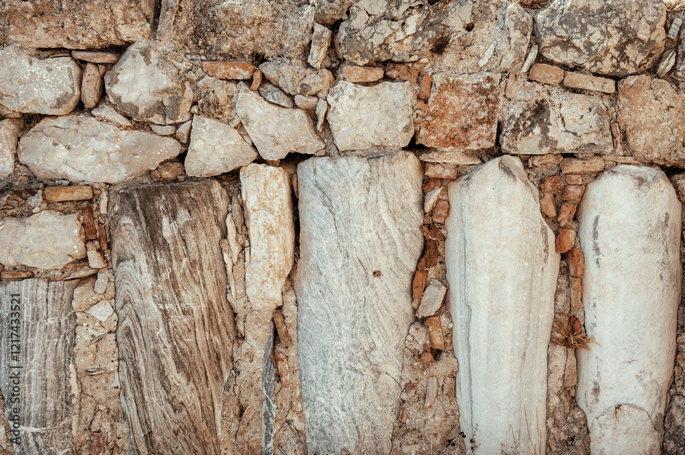 Weathered stone wall with marble details showcases ancient craftsmanship Weathered stone wall with marble details showcases ancient craftsmanship