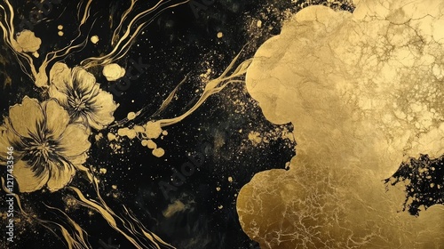 An abstract design featuring a textured gold background divided into geometric shapes,