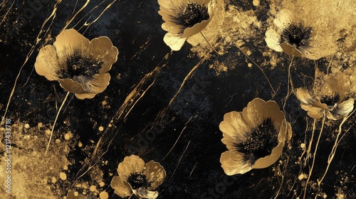 An abstract design featuring a textured gold background divided into geometric shapes,